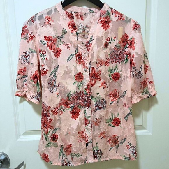 Bundle It! Max Pink Floral Print Mandarin Collar Shirt Style Women's Top Size M - Picture 3 of 9